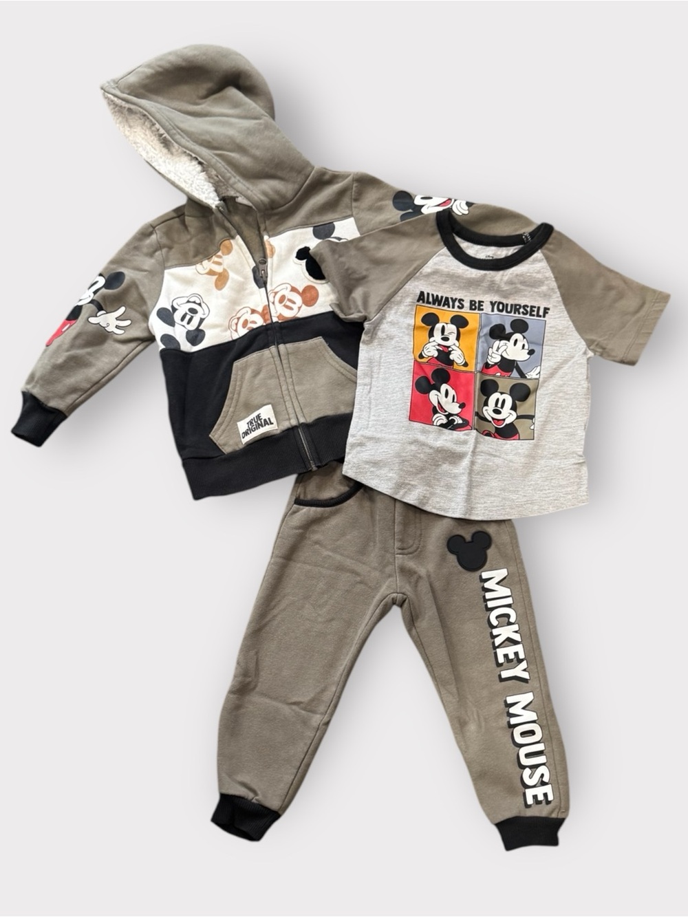Disney Mickey Mouse 3pc Hoodie, Tee & Joggers Set - Olive, Black, Gray